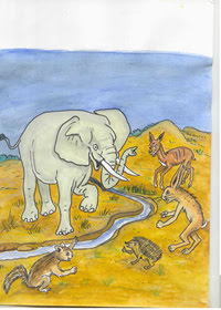 Illustration du conte traditionnel francophone l'éléphant et le hérisson – conte du Mali Illustré par Yacouba Diarra